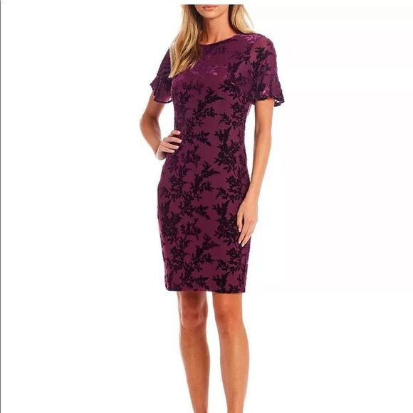 NWOT Calvin Klein Velvet Burnout Short Flutter Sleeve Sheath Dress size 6 - Picture 1 of 9